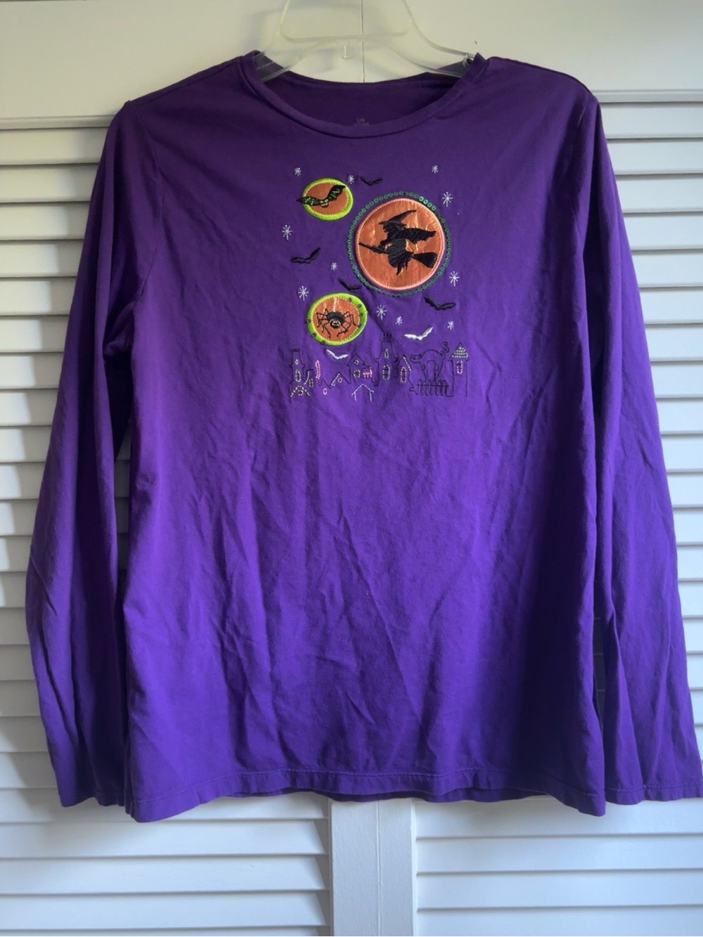Halloween Purple Witch Embroidered Long Sleeve Tee L